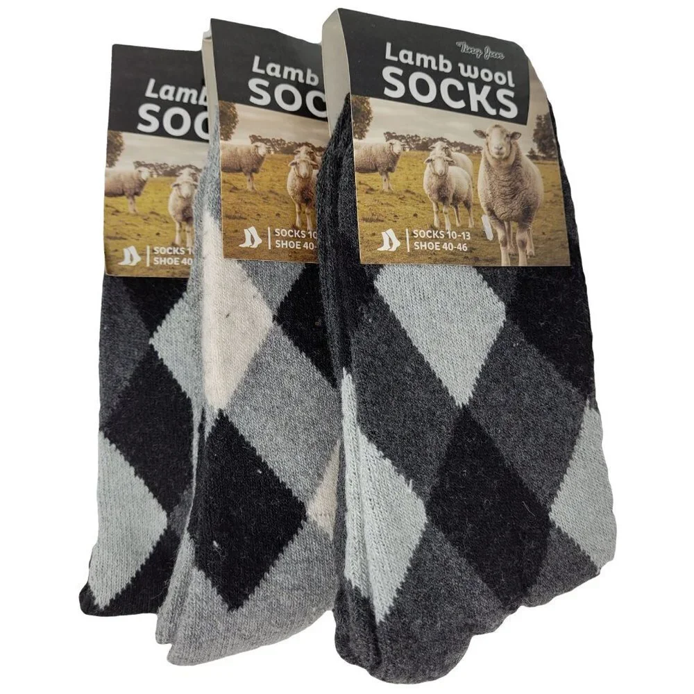 Men's Lamb Wool Warm Crew Socks, Argyle Pattern, 3 Pairs